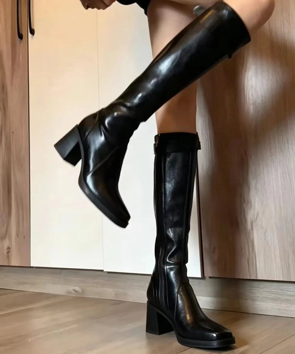 Women's Knee Boots Chunky Heel Square Toe Buckle Strap 4