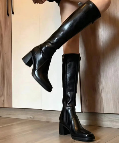 Women's Knee Boots Chunky Heel Square Toe Buckle Strap 4