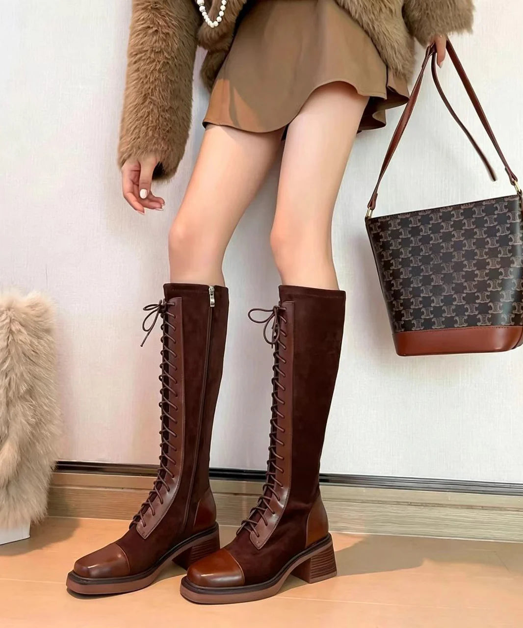 Women's Knee Boots Lace-Up Chunky Heel 0