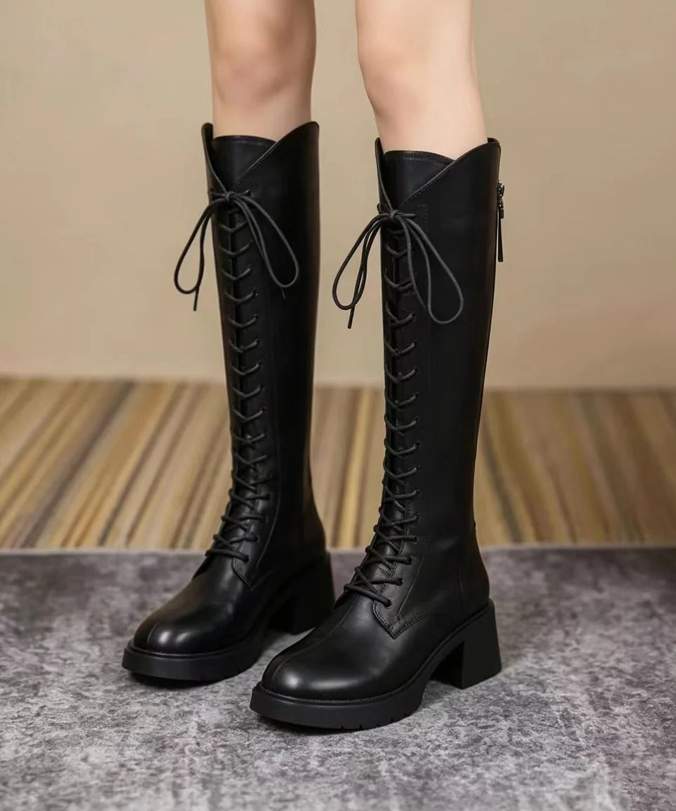 Women's Knee Boots Lace-Up Chunky Square Toe 0