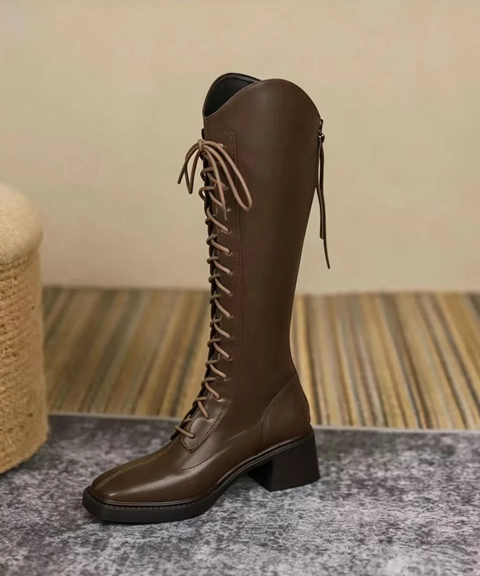 Women's Knee Boots Lace-Up Chunky Square Toe 1