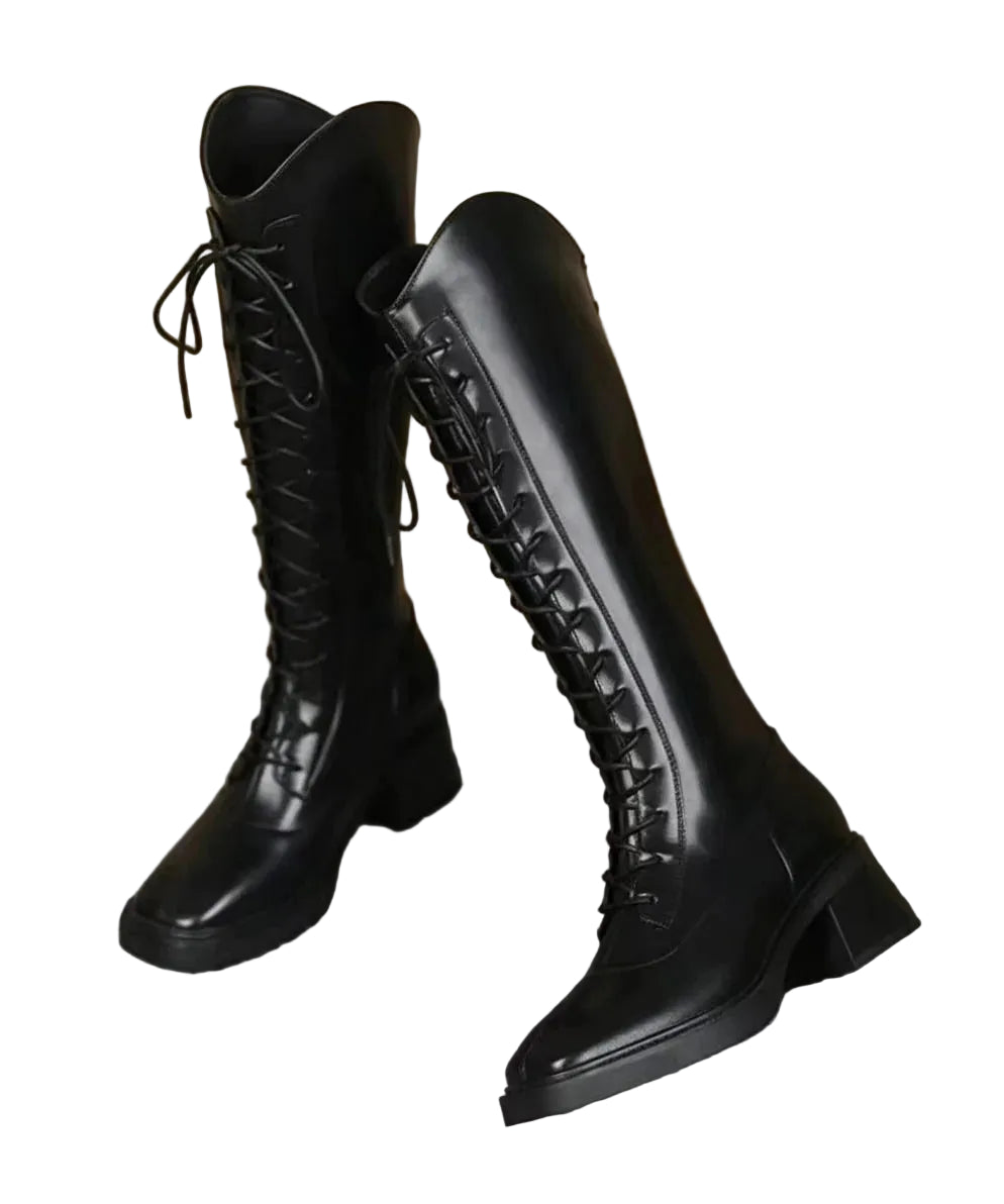 Women's Knee Boots Lace-Up Chunky Square Toe 2