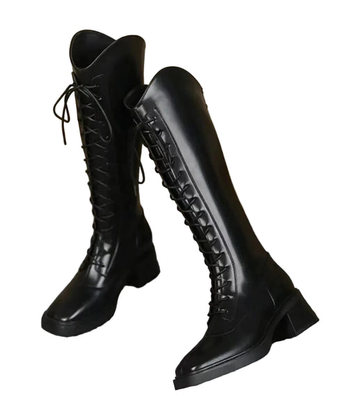 Women's Knee Boots Lace-Up Chunky Square Toe 2