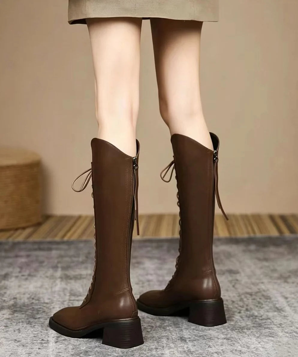Women's Knee Boots Lace-Up Chunky Square Toe 3