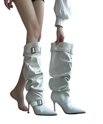 Women's Knee High Boots Ruched Pointed Toe Stiletto Design 0