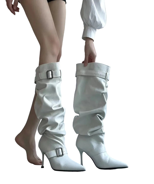 Women's Knee High Boots Ruched Pointed Toe Stiletto Design 0