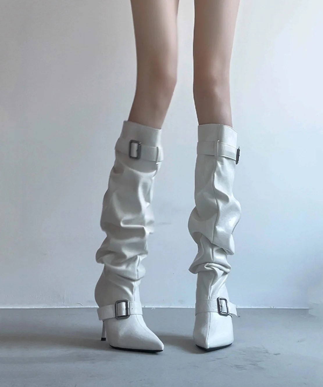 Women's Knee High Boots Ruched Pointed Toe Stiletto Design 1