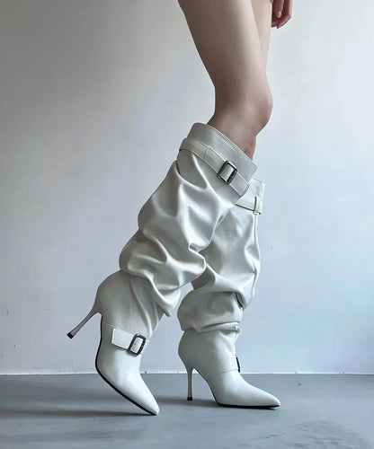 Women's Knee High Boots Ruched Pointed Toe Stiletto Design 4