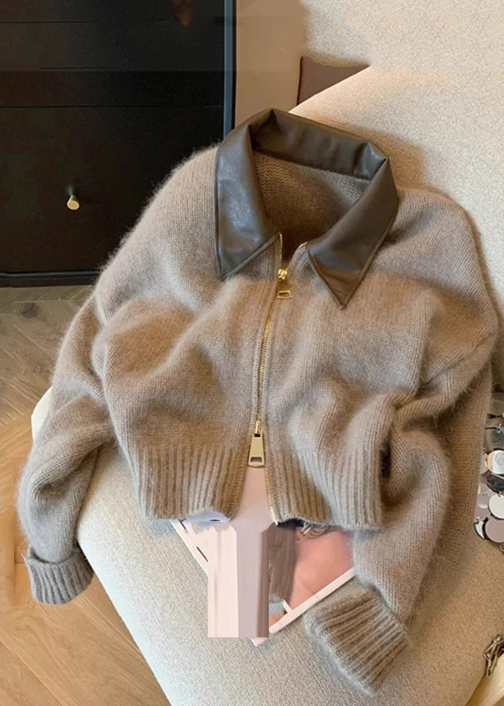 Women's Knit Cardigan Casual Patchwork Zippered with Peter Pan Collar 0