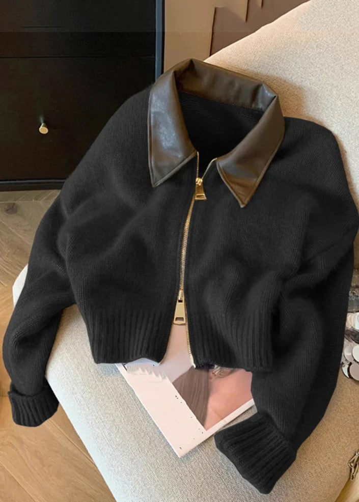 Women's Knit Cardigan Casual Patchwork Zippered with Peter Pan Collar 1