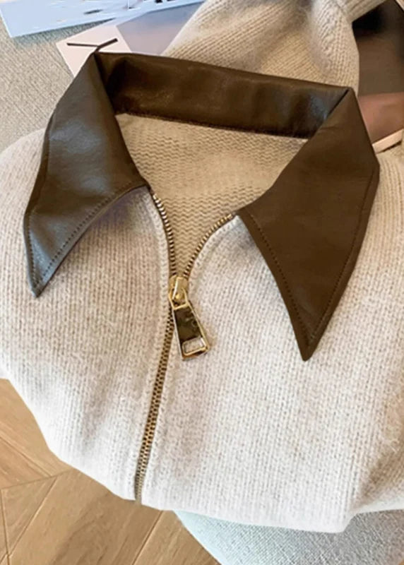 Women's Knit Cardigan Casual Patchwork Zippered with Peter Pan Collar 2