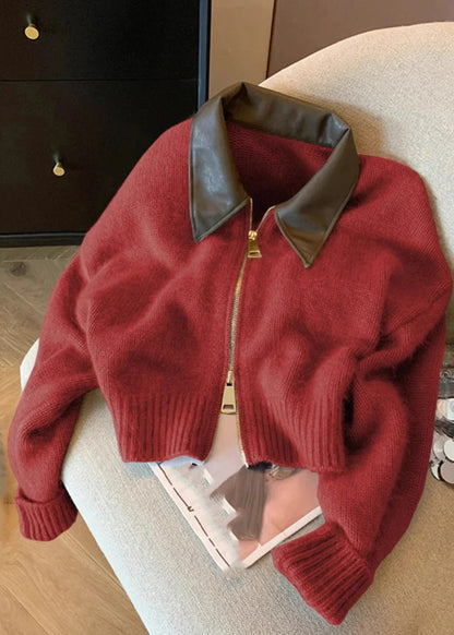 Women's Knit Cardigan Casual Patchwork Zippered with Peter Pan Collar 3