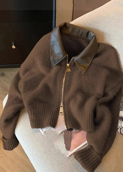 Women's Knit Cardigan Casual Patchwork Zippered with Peter Pan Collar 4