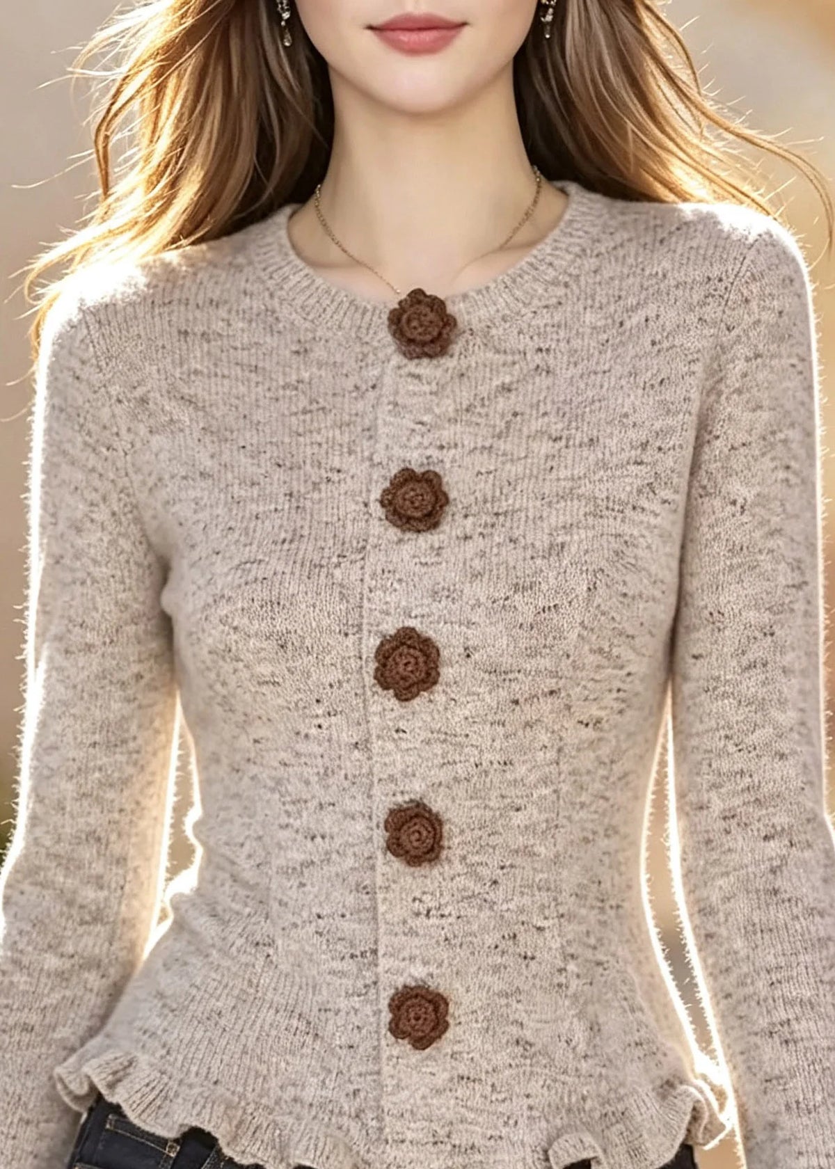 Women's Knit Cardigan Patchwork Ruffled Flare Sleeve 1