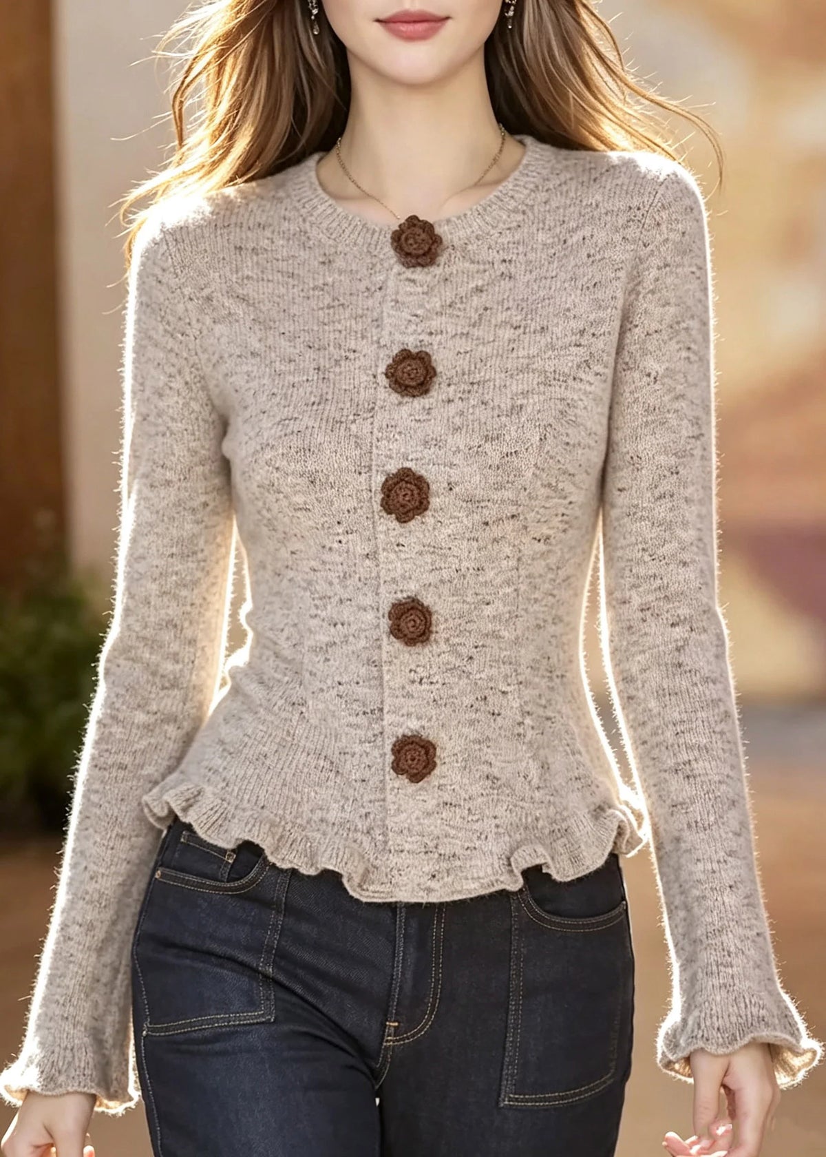 Women's Knit Cardigan Patchwork Ruffled Flare Sleeve 4