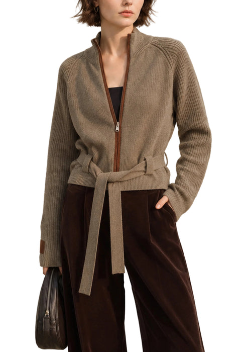 Women's Knit Cardigan Stand Collar Zip-Up Lace-Up Style 0