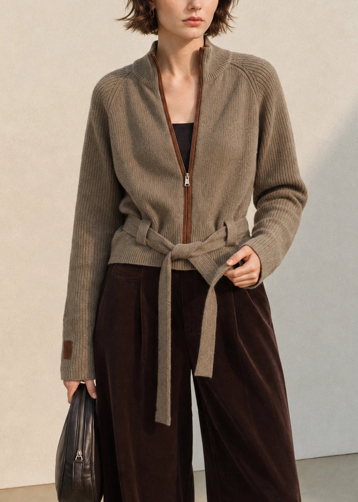 Women's Knit Cardigan Stand Collar Zip-Up Lace-Up Style 2