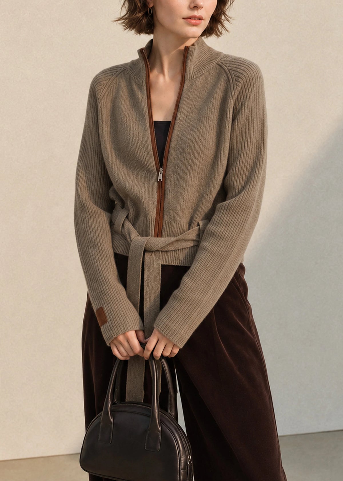 Women's Knit Cardigan Stand Collar Zip-Up Lace-Up Style 3