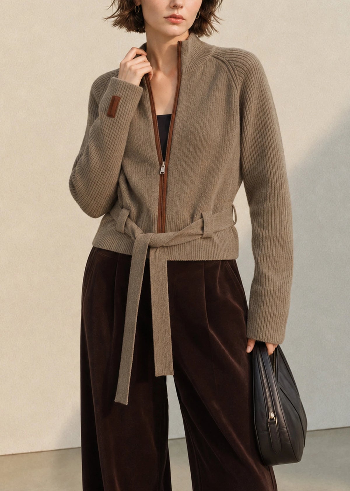 Women's Knit Cardigan Stand Collar Zip-Up Lace-Up Style 4