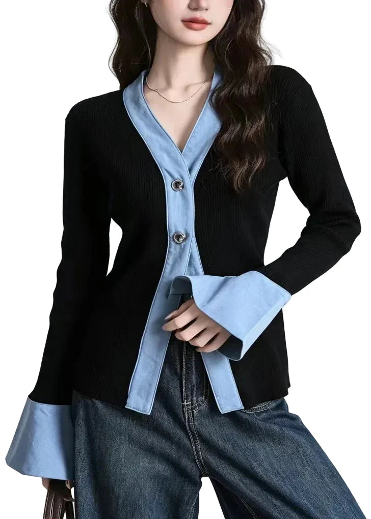 Women's Knit Cardigan V Neck Patchwork Style 0