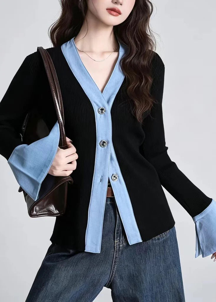 Women's Knit Cardigan V Neck Patchwork Style 1