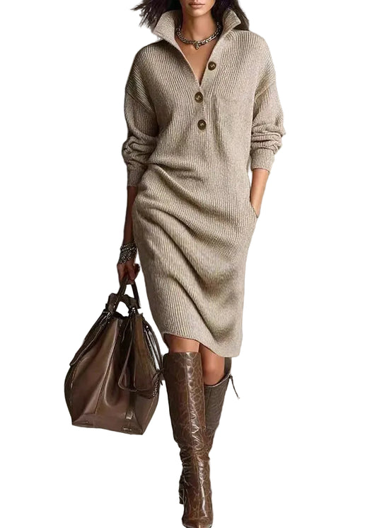 Women's Knit Dress Button Front Long Sleeve 0