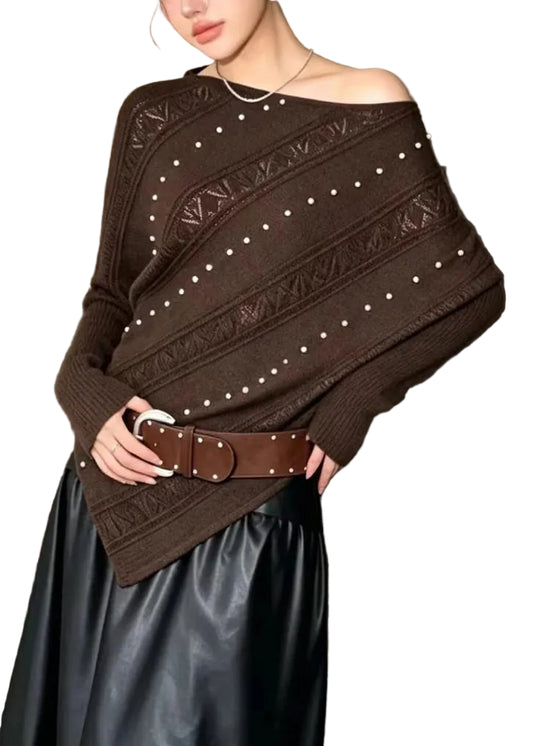 Women's Knit Pullover One Shoulder Asymmetrical Batwing Sleeve 0