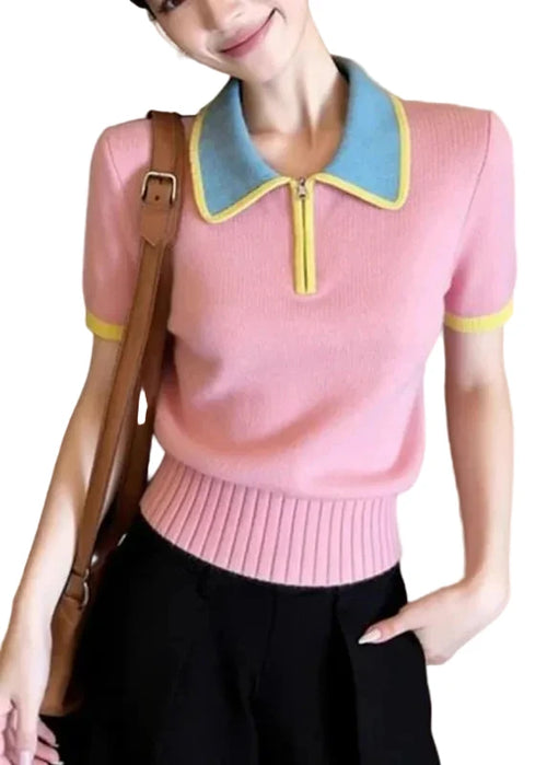Women's Knit Shirt Peter Pan Collar Patchwork Style 0