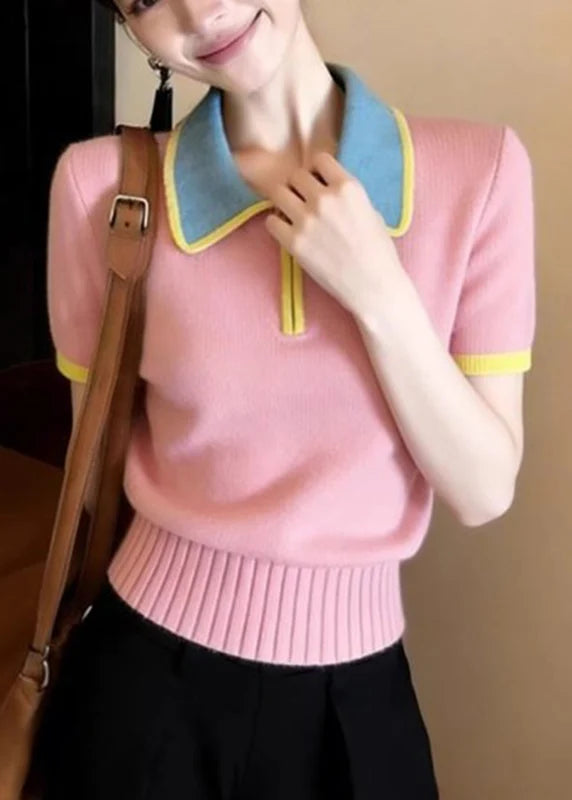 Women's Knit Shirt Peter Pan Collar Patchwork Style 1