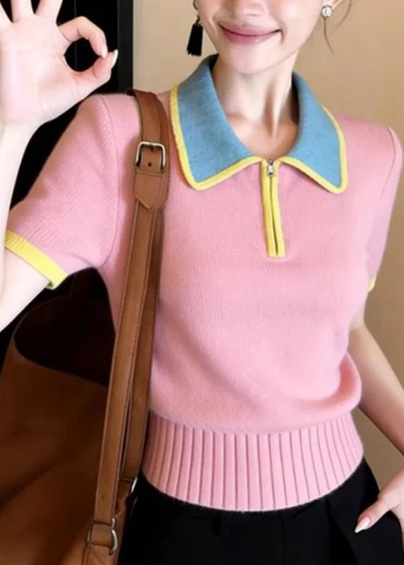 Women's Knit Shirt Peter Pan Collar Patchwork Style 2