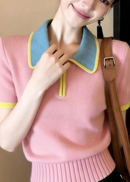 Women's Knit Shirt Peter Pan Collar Patchwork Style 3