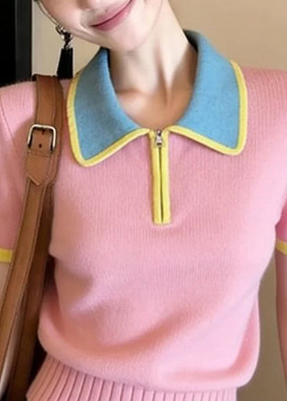 Women's Knit Shirt Peter Pan Collar Patchwork Style 4