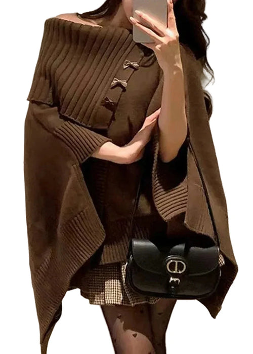 Women's Knit Sweater Asymmetrical Slash Neck Cloak Sleeves 0