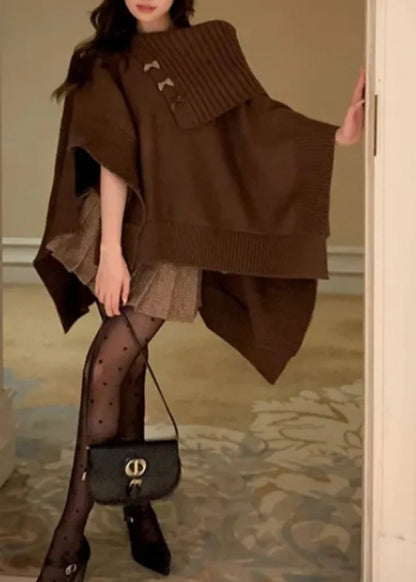 Women's Knit Sweater Asymmetrical Slash Neck Cloak Sleeves 2