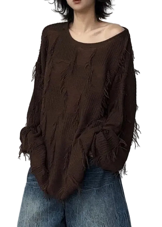 Women's Knit Sweater Asymmetrical Tassel Patchwork 0