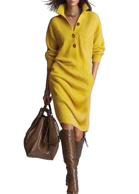 Women's Knit Sweater Dress Casual Button Collar 0
