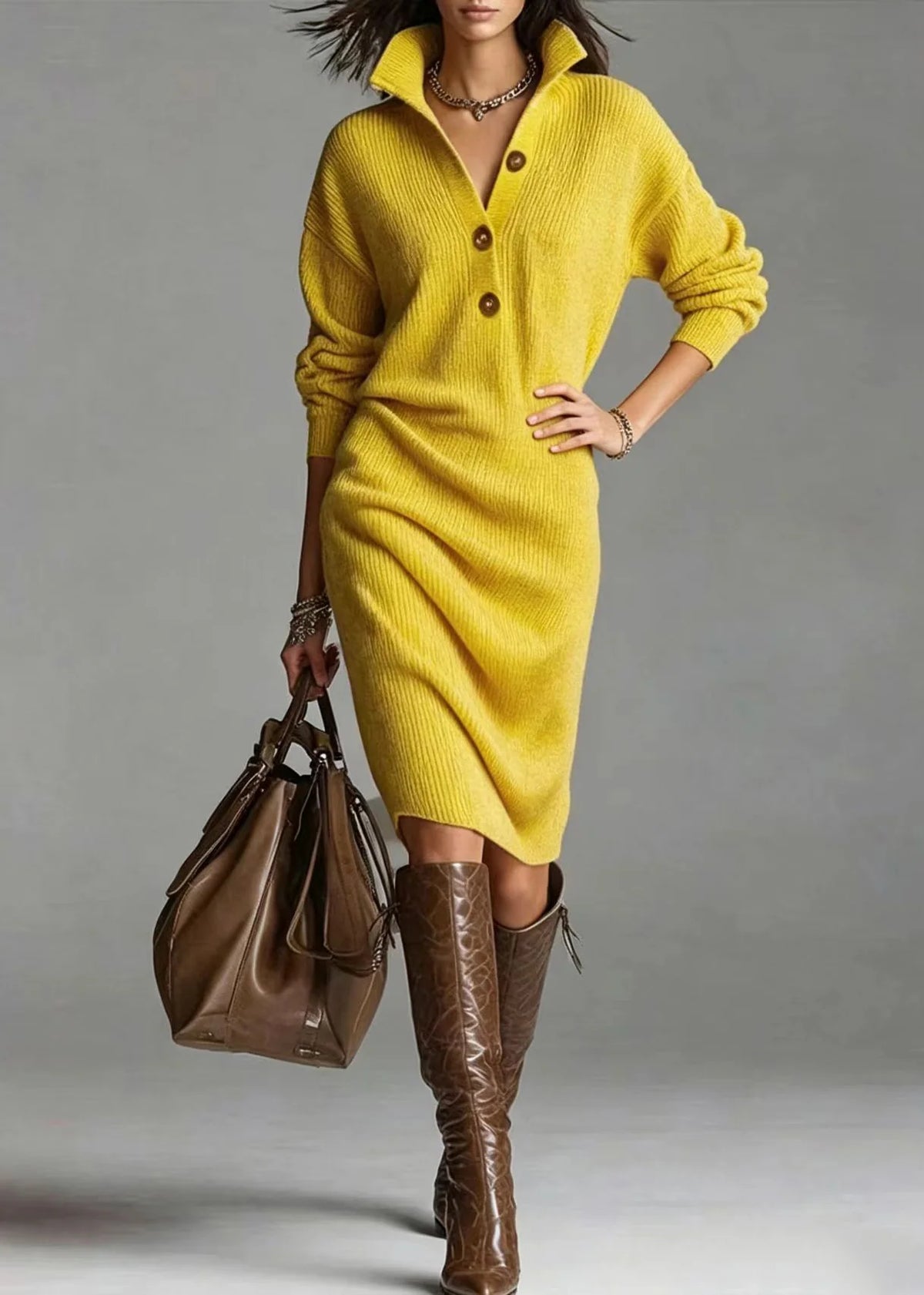 Women's Knit Sweater Dress Casual Button Collar 3