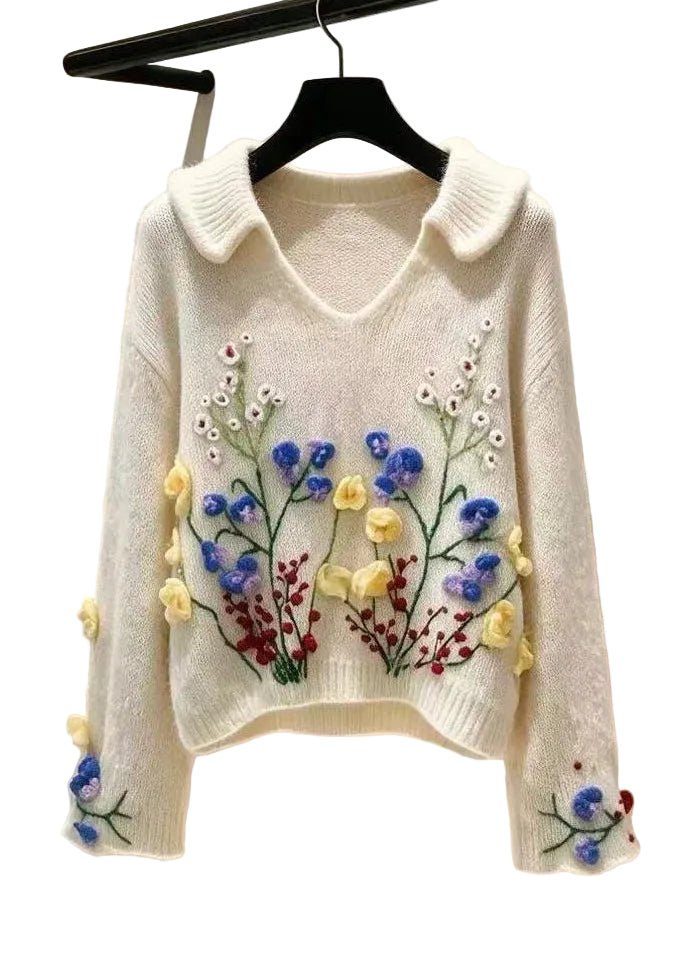 Women's Knit Sweater Embroidered Floral Design 0
