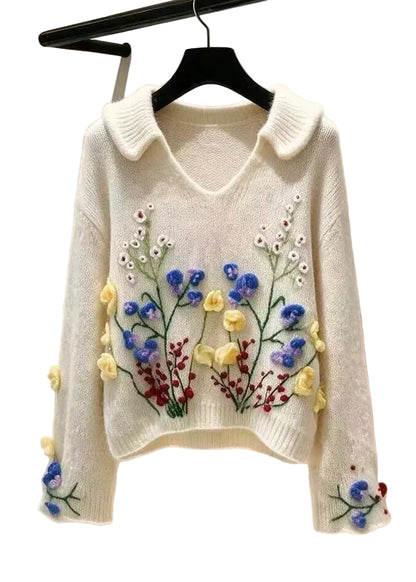 Women's Knit Sweater Embroidered Floral Design 0