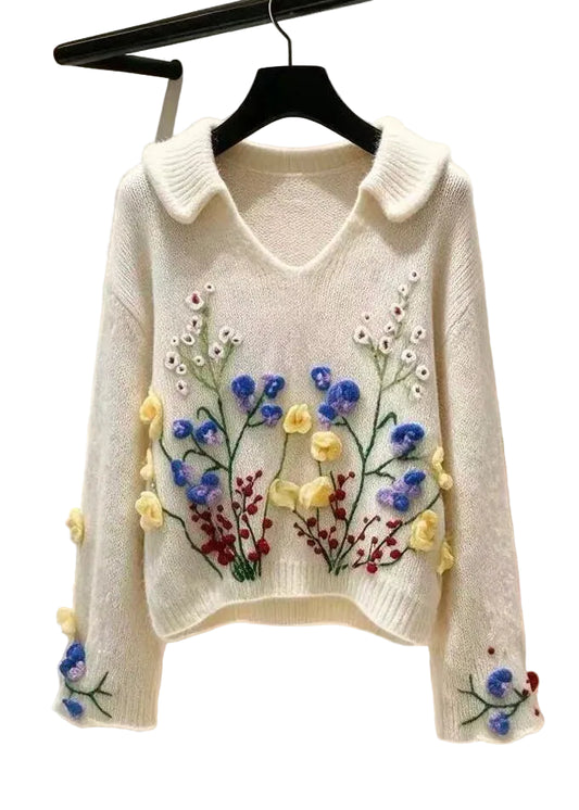 Women's Knit Sweater Embroidered Floral Design 0