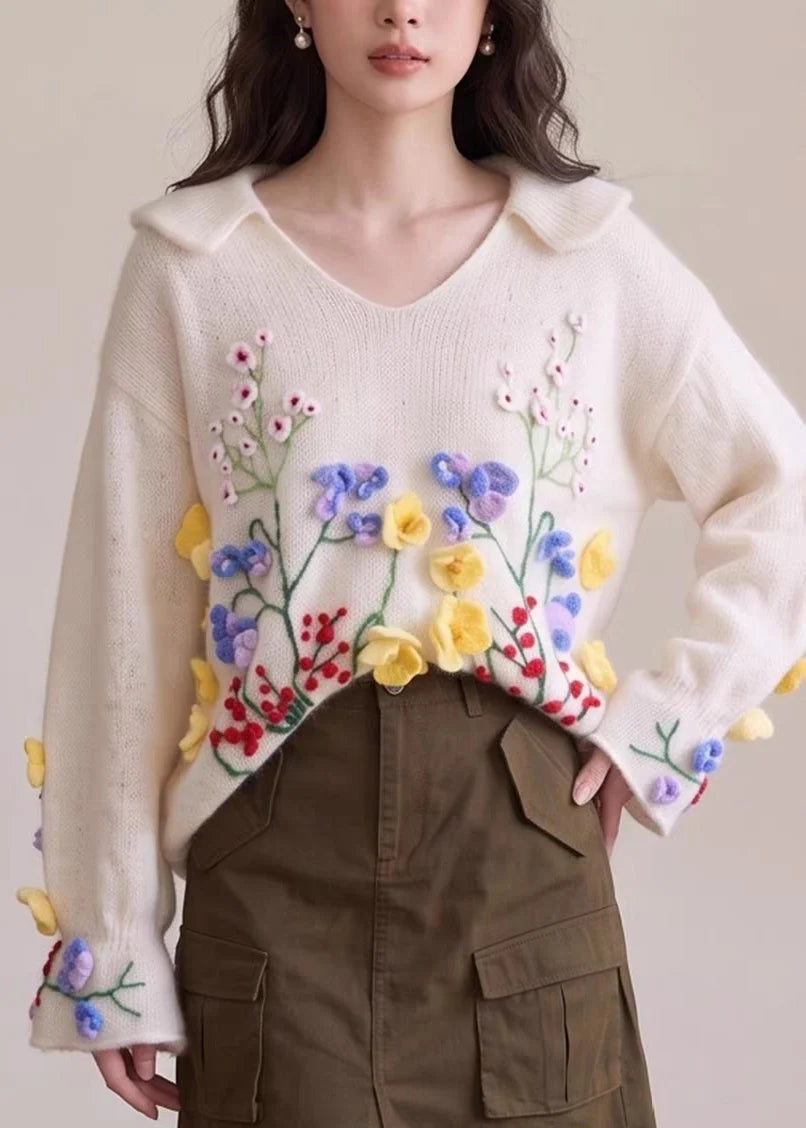 Women's Knit Sweater Embroidered Floral Design 1