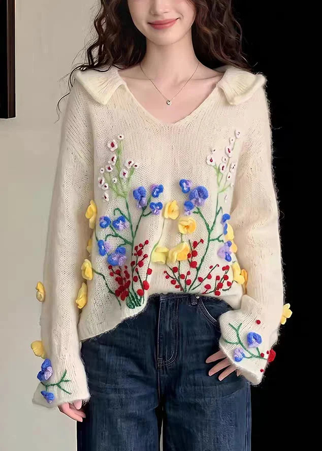Women's Knit Sweater Embroidered Floral Design 2