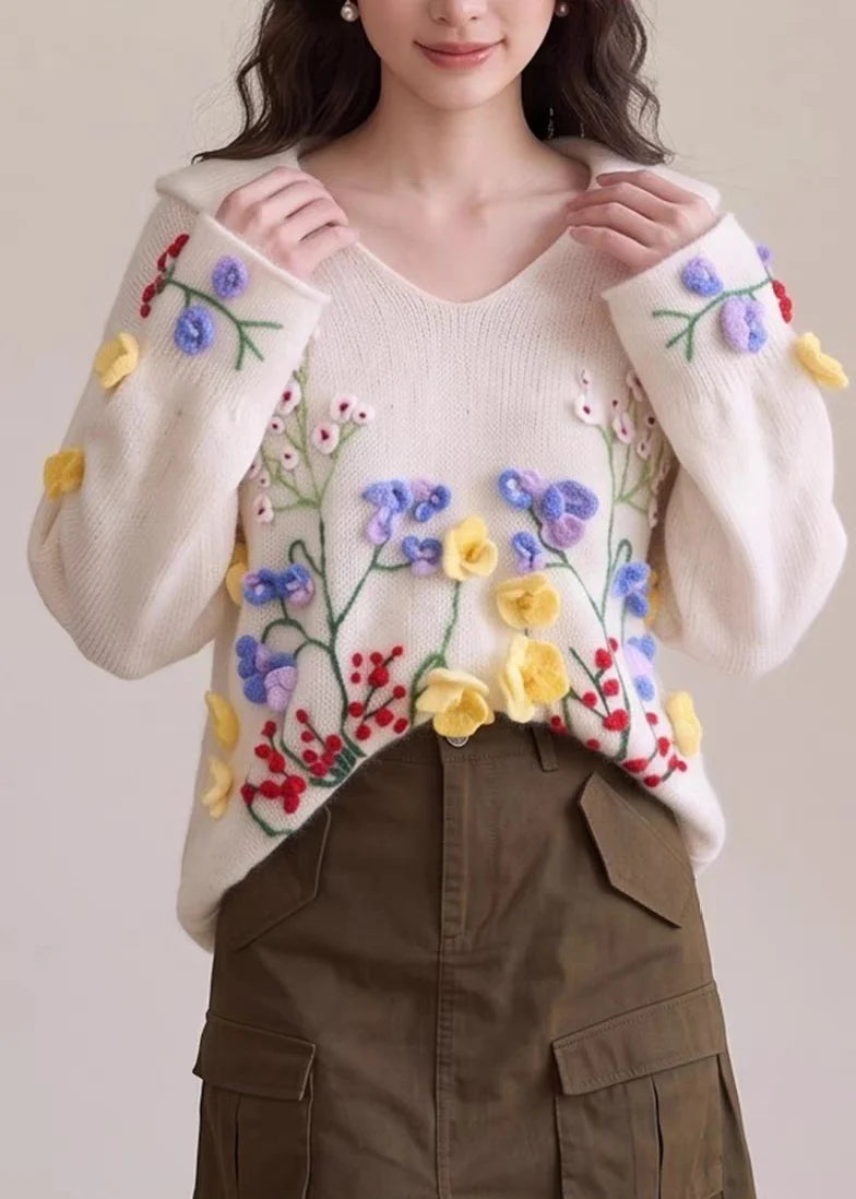 Women's Knit Sweater Embroidered Floral Design 3