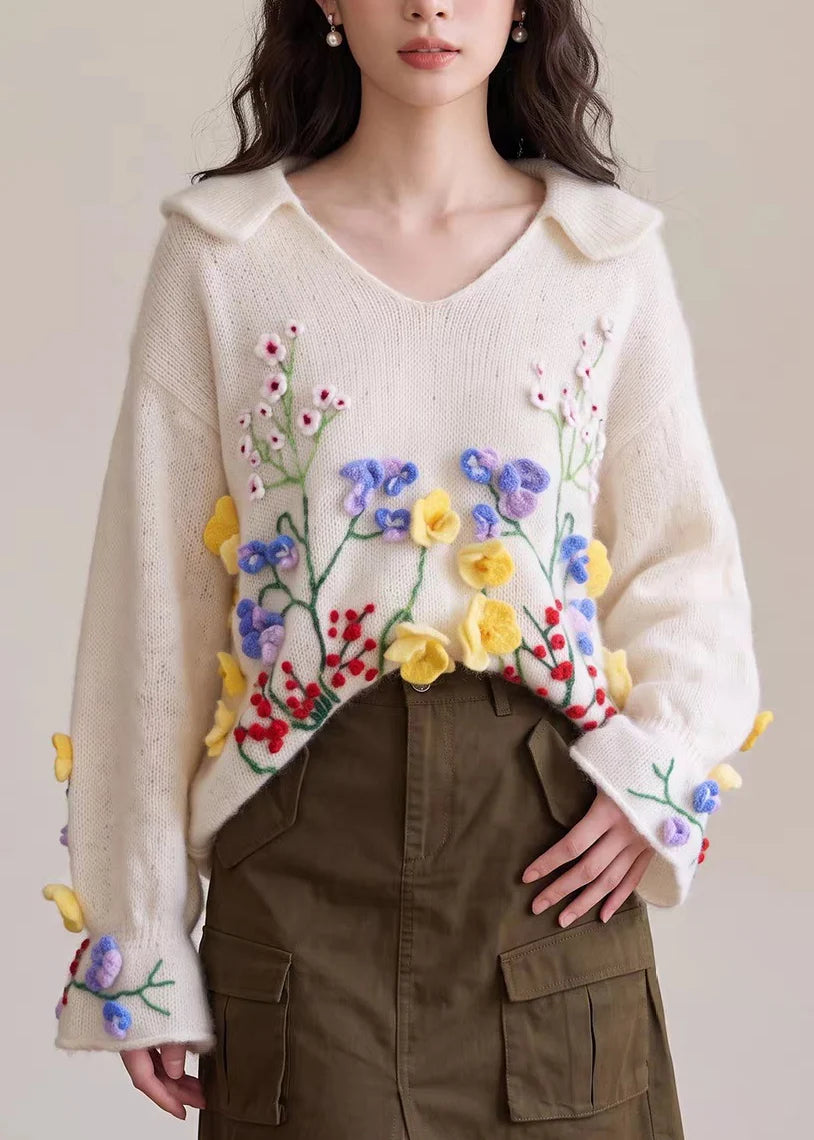 Women's Knit Sweater Embroidered Floral Design 4