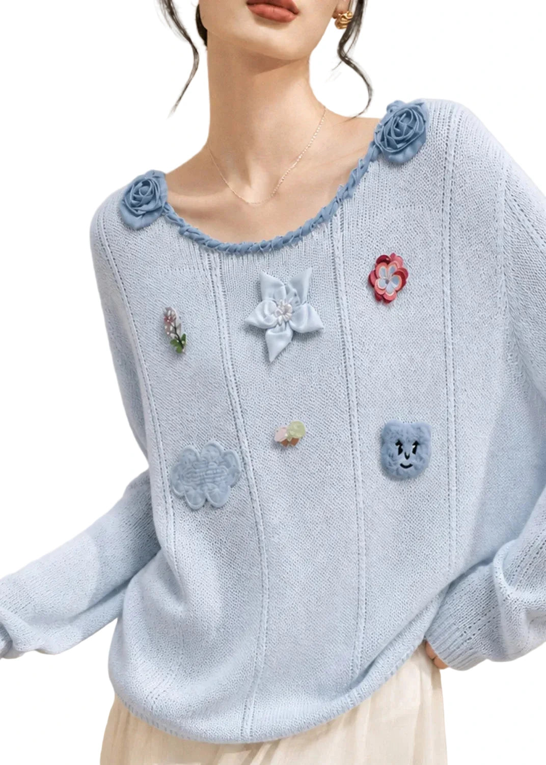 Women's Knit Sweater Floral Pattern O-Neck Fall Style 0