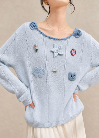Women's Knit Sweater Floral Pattern O-Neck Fall Style 1