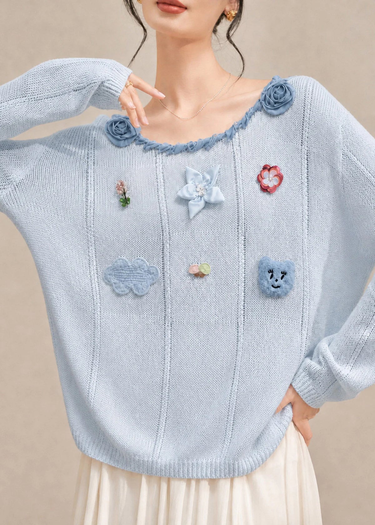 Women's Knit Sweater Floral Pattern O-Neck Fall Style 2