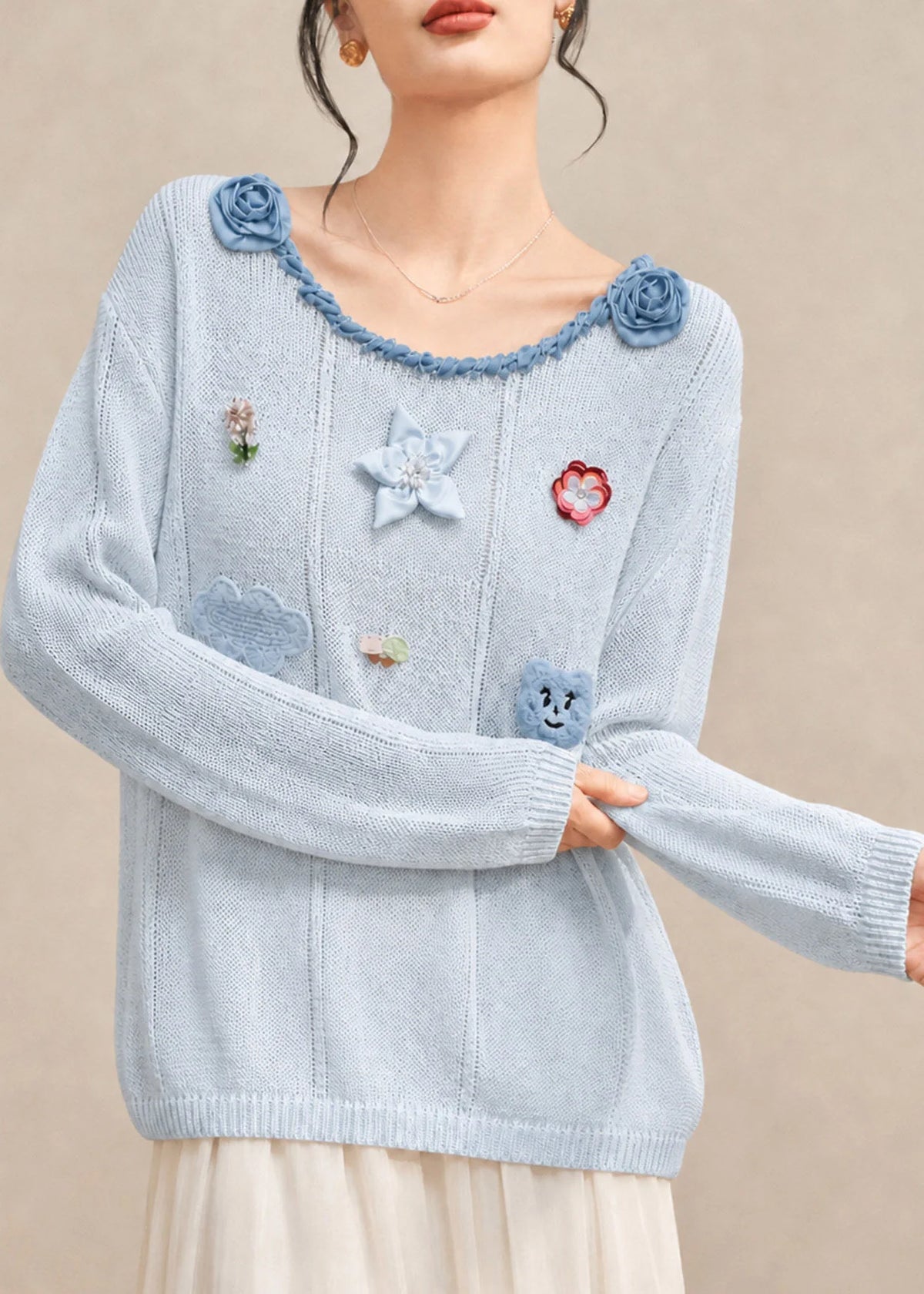 Women's Knit Sweater Floral Pattern O-Neck Fall Style 3