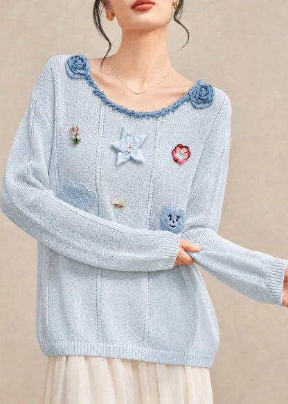 Women's Knit Sweater Floral Pattern O-Neck Fall Style 3