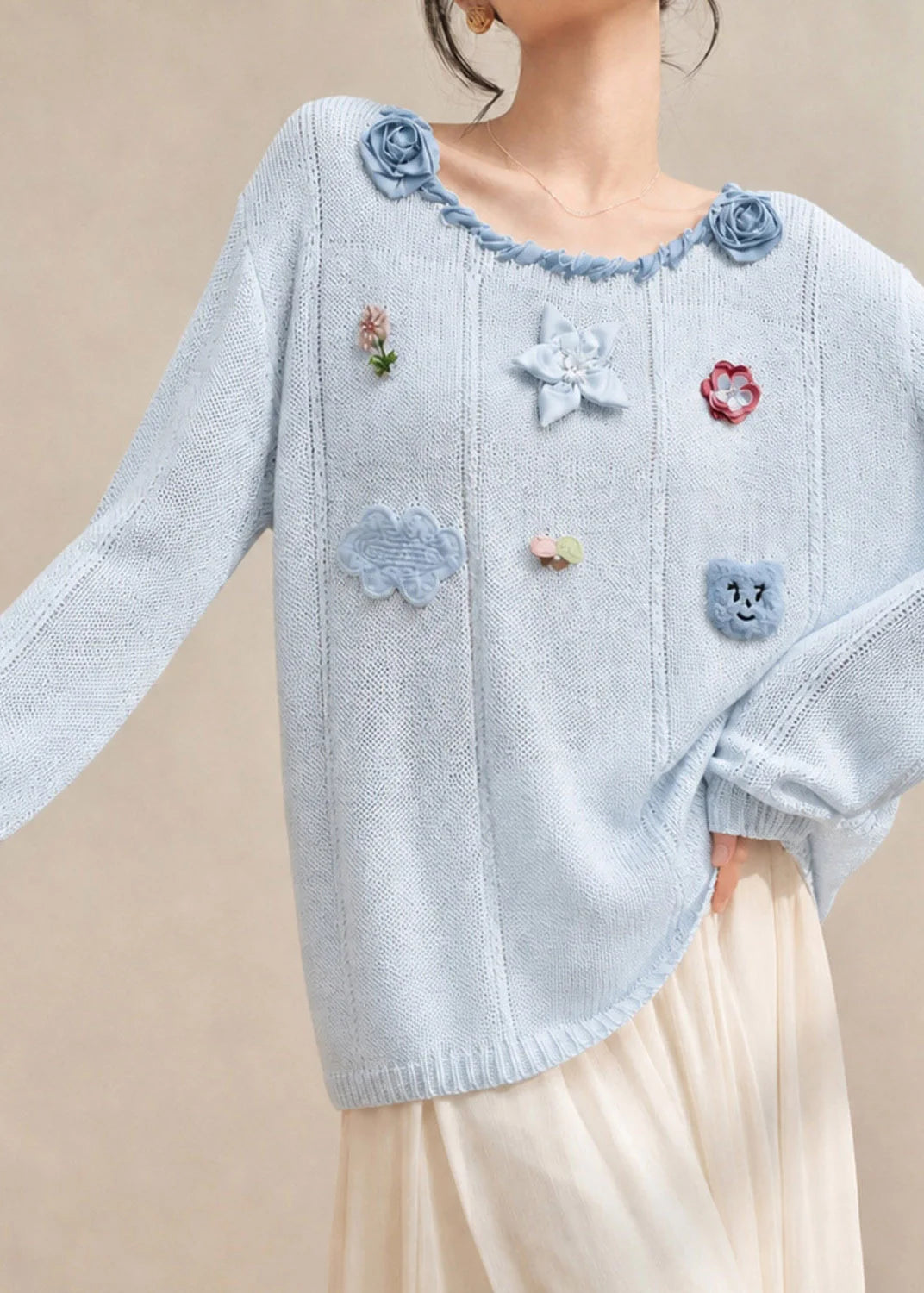 Women's Knit Sweater Floral Pattern O-Neck Fall Style 4